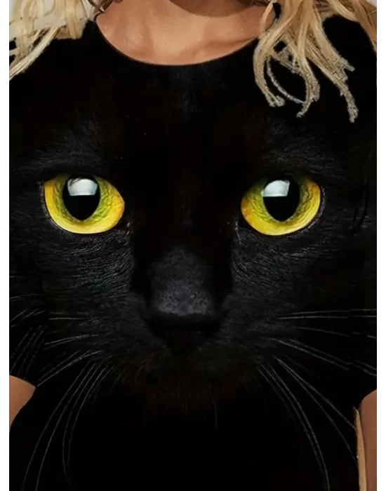 Kadın Uzun Kollu Bisiklet Yaka Kedi Desenli Süprem Bluz