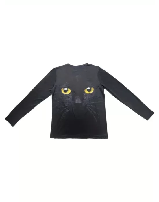 Kadın Uzun Kollu Bisiklet Yaka Kedi Desenli Süprem Bluz
