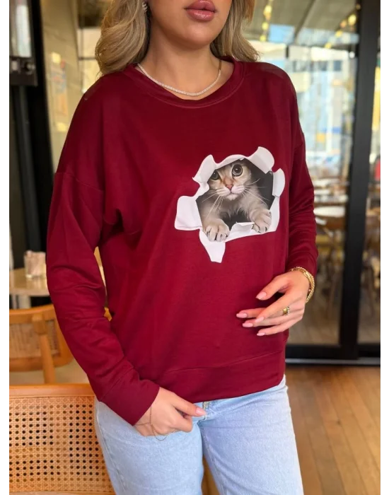 Kadın Uzun Kollu Bisiklet Yaka Kedi Desenli Viskon Iki Iplik Bluz