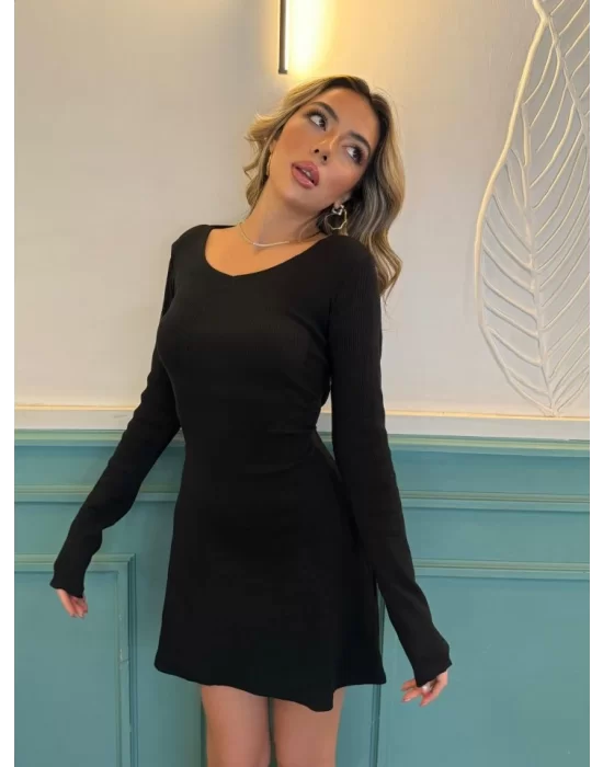 Kadın Uzun Kollu Bisiklet Yaka Kısa Kaşkorse Elbise