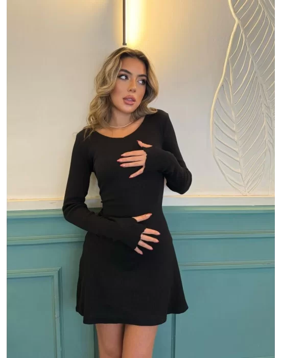 Kadın Uzun Kollu Bisiklet Yaka Kısa Kaşkorse Elbise