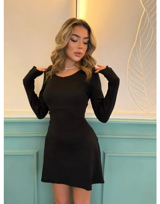 Kadın Uzun Kollu Bisiklet Yaka Kısa Kaşkorse Elbise