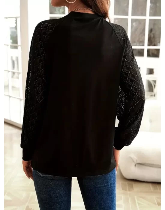 Kadın Uzun Kollu Bisiklet Yaka Kollar Dantel önü çizgi Detaylı Viskon Bluz