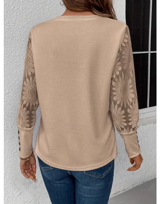 Kadın Uzun Kollu Bisiklet Yaka Kolları çiçekli Waffle Bluz
