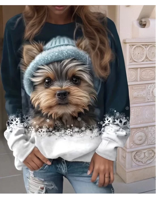 Kadın Uzun Kollu Bisiklet Yaka Köpek Baskılı şardonlu Dalgıç Bluz