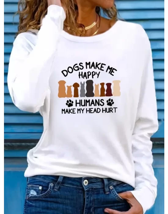 Kadın Uzun Kollu Bisiklet Yaka Köpek Resimli Viskon Bluz