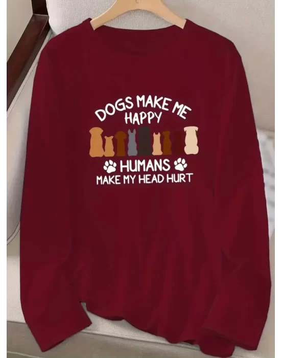 Kadın Uzun Kollu Bisiklet Yaka Köpek Resimli Viskon Bluz