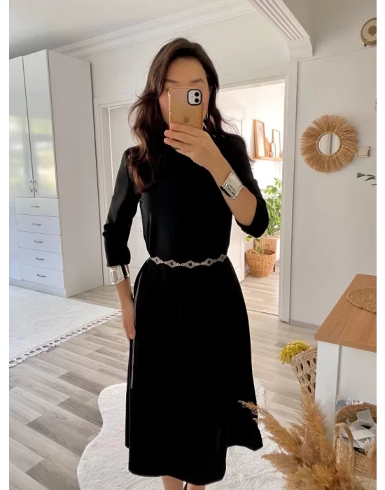 Kadın Uzun Kollu Bisiklet Yaka Midi Ithal Krep Elbise