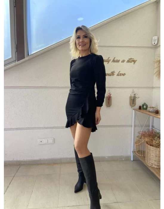 Kadın Uzun Kollu Bisiklet Yaka önden Volanlı Ithal Krep Elbise