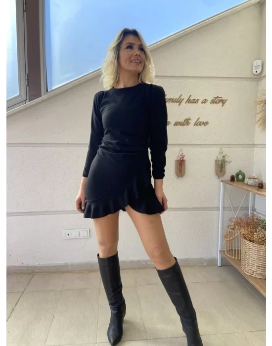Kadın Uzun Kollu Bisiklet Yaka önden Volanlı Ithal Krep Elbise