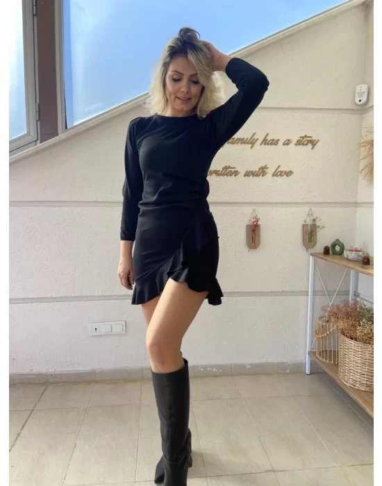 Kadın Uzun Kollu Bisiklet Yaka önden Volanlı Ithal Krep Elbise