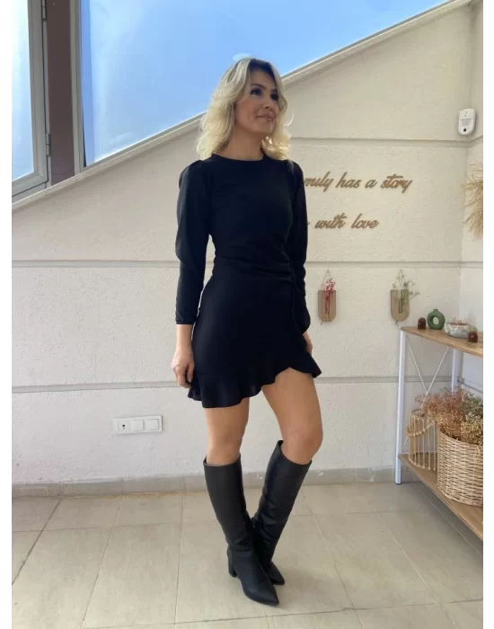 Kadın Uzun Kollu Bisiklet Yaka önden Volanlı Ithal Krep Elbise