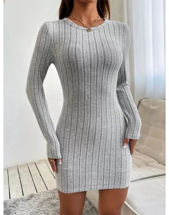 Kadın Uzun Kollu Bisiklet Yaka şardonlu Kalın Fitilli Kaşkorse Mini Boy Elbise