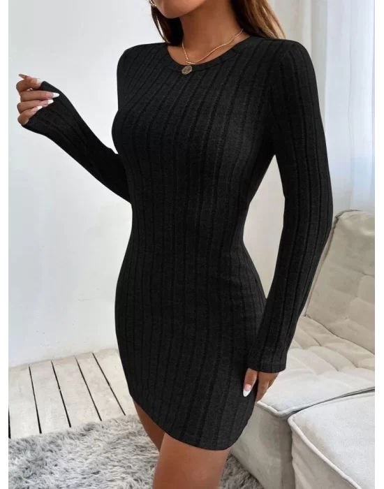 Kadın Uzun Kollu Bisiklet Yaka şardonlu Kalın Fitilli Kaşkorse Mini Boy Elbise