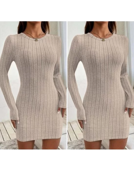 Kadın Uzun Kollu Bisiklet Yaka şardonlu Kalın Fitilli Kaşkorse Mini Boy Elbise