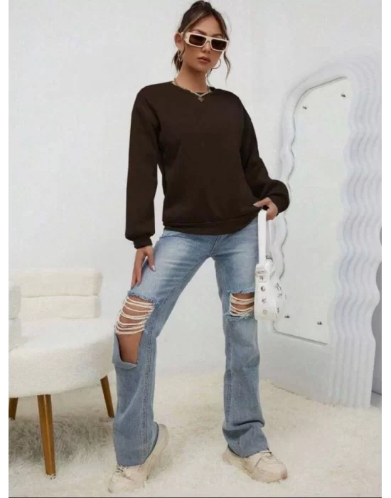 Kadın Uzun Kollu Bisiklet Yaka şardonlu üç Iplik Kumaş Sweat