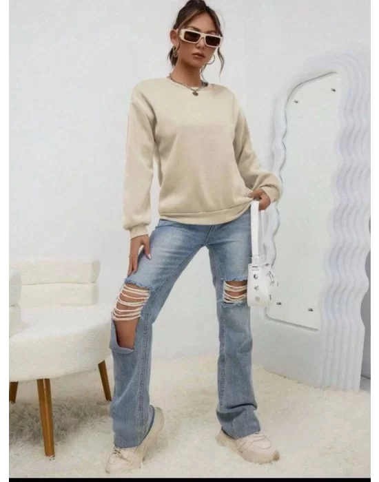 Kadın Uzun Kollu Bisiklet Yaka şardonlu üç Iplik Kumaş Sweat