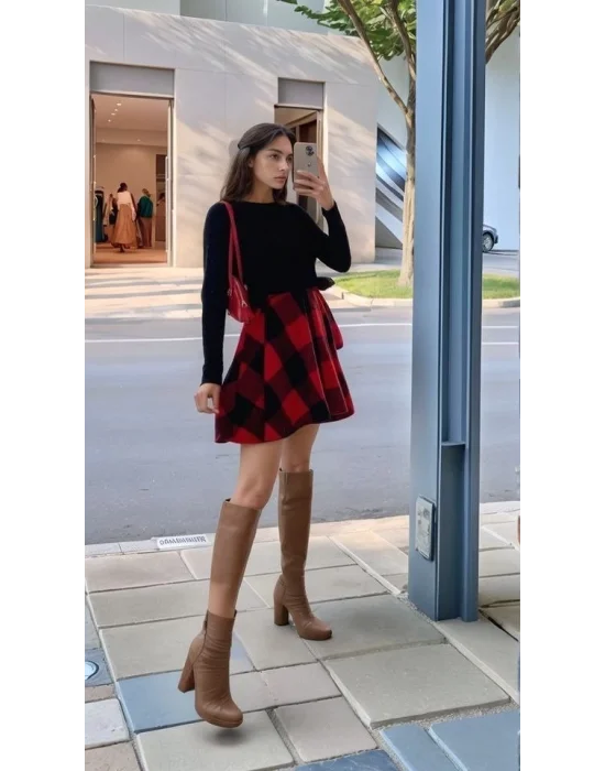 Kadın Uzun Kollu Bisiklet Yaka üst Viskon Alt Ekose Kısa Elbise