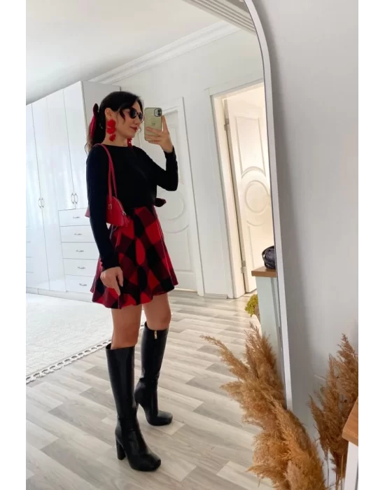 Kadın Uzun Kollu Bisiklet Yaka üst Viskon Alt Ekose Kısa Elbise
