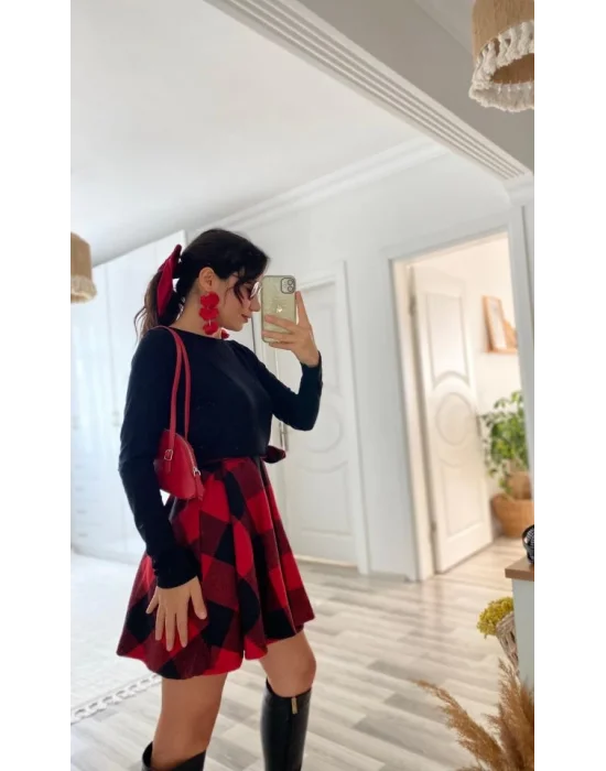 Kadın Uzun Kollu Bisiklet Yaka üst Viskon Alt Ekose Kısa Elbise