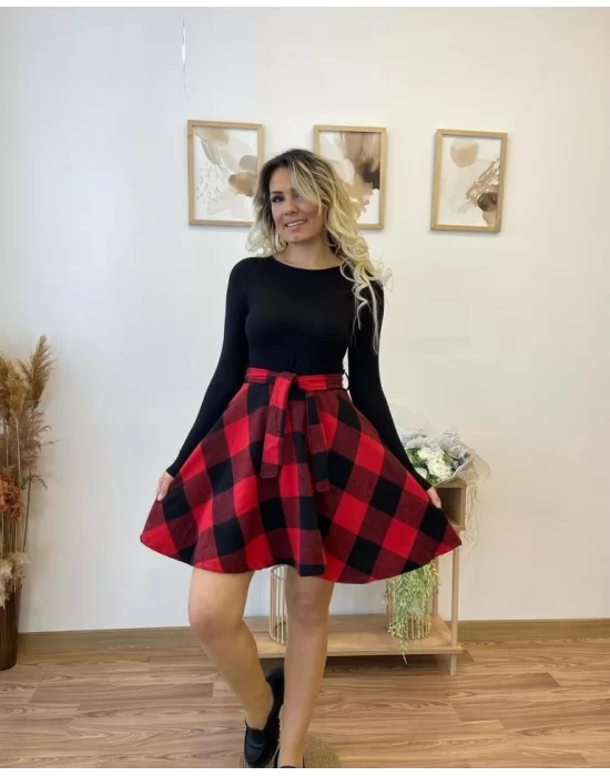 Kadın Uzun Kollu Bisiklet Yaka üst Viskon Alt Ekose Kısa Elbise