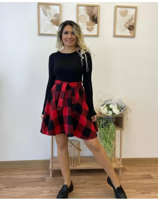 Kadın Uzun Kollu Bisiklet Yaka üst Viskon Alt Ekose Kısa Elbise