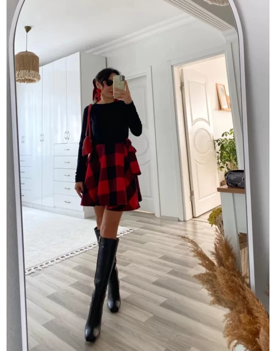 Kadın Uzun Kollu Bisiklet Yaka üst Viskon Alt Ekose Kısa Elbise