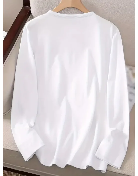 Kadın Uzun Kollu Bisiklet Yaka Yazı Baskılı Viskon Bluz