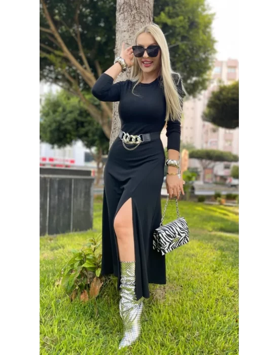 Kadın Uzun Kollu Bisiklet Yaka Yırtmaçlı Kemerli Uzun çilek Elbise