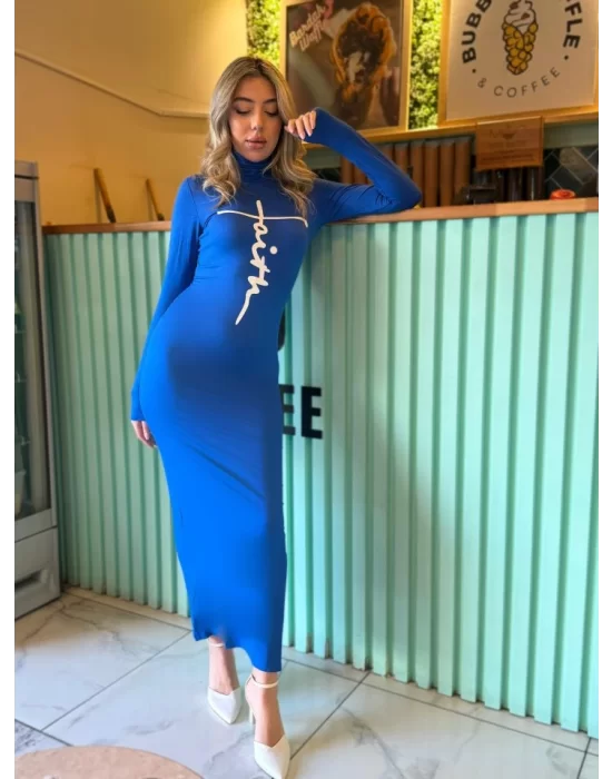 Kadın Uzun Kollu Boğazlı Baskı Detaylı Viskon Tam Boy Elbise