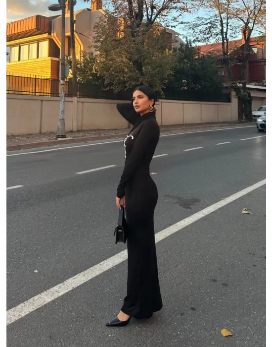 Kadın Uzun Kollu Boğazlı Baskı Detaylı Viskon Tam Boy Elbise