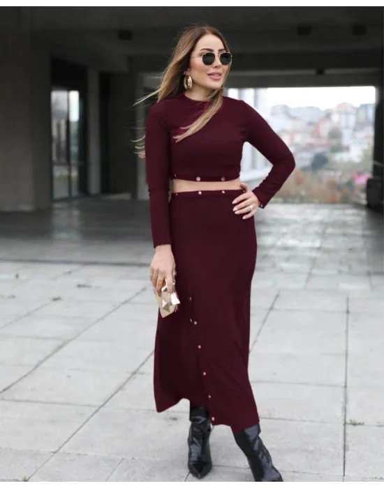 Kadın Uzun Kollu çıtçıtlı Viskon Krop Bluz Ve Yırtmaçlı Etek Istenildiğinde Elbise Olan Ikili Takım