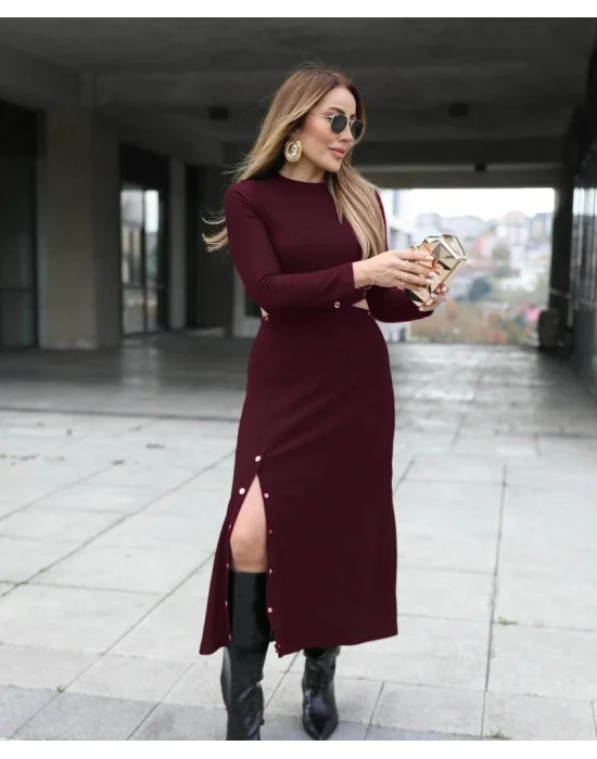 Kadın Uzun Kollu çıtçıtlı Viskon Krop Bluz Ve Yırtmaçlı Etek Istenildiğinde Elbise Olan Ikili Takım