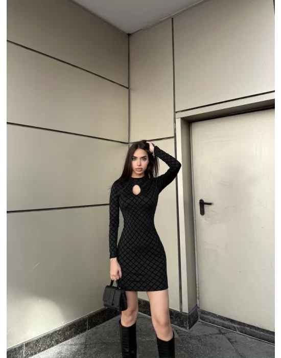 Kadın Uzun Kollu Damla Detay Flok Baskı Dalgıç Mini Elbise