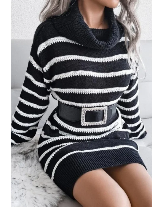 Kadın Uzun Kollu Degaje Yaka çizgili Sonya Iplik Mini Boy Triko Elbise (kemersiz)