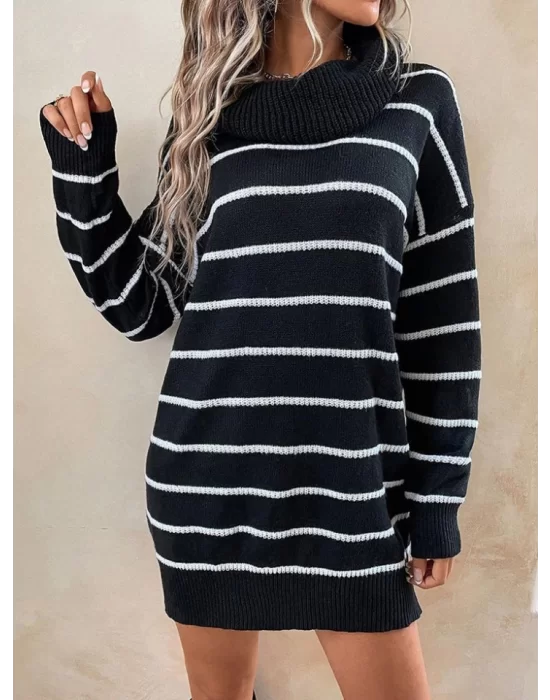 Kadın Uzun Kollu Degaje Yaka çizgili Sonya Iplik Mini Boy Triko Elbise (kemersiz)