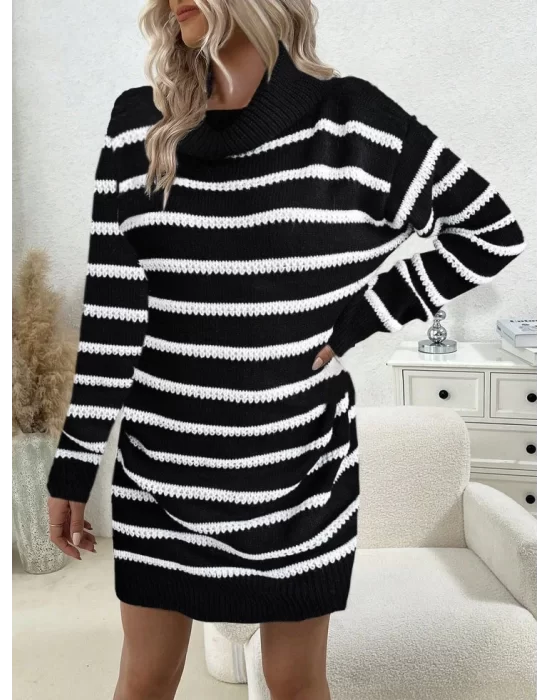 Kadın Uzun Kollu Degaje Yaka çizgili Sonya Iplik Mini Boy Triko Elbise (kemersiz)