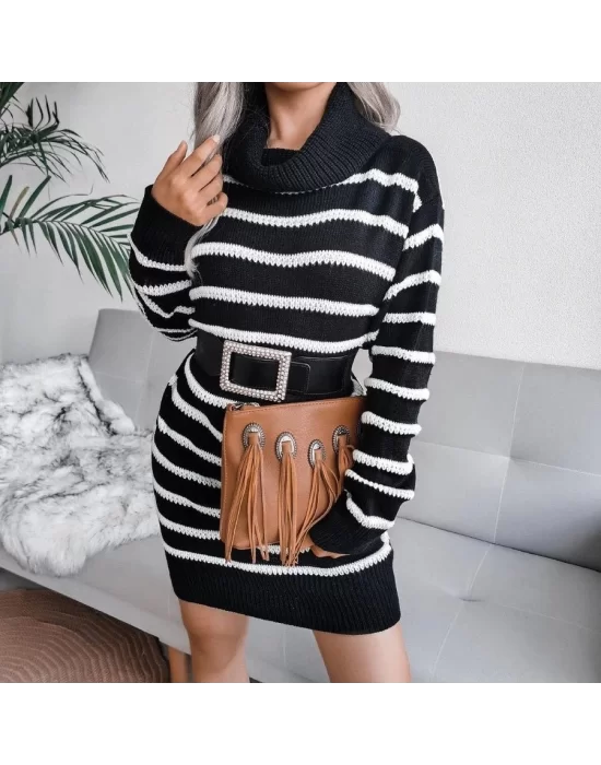 Kadın Uzun Kollu Degaje Yaka çizgili Sonya Iplik Mini Boy Triko Elbise (kemersiz)