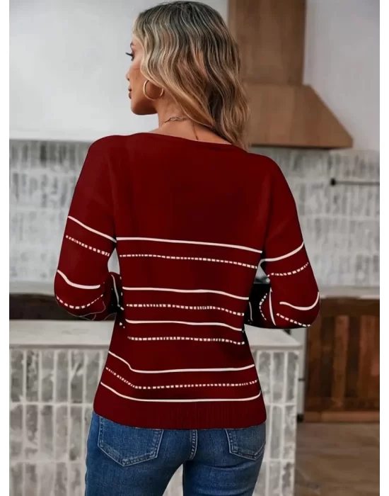 Kadın Uzun Kollu Derin V Yakalı çizgi Desenli Triko Bluz