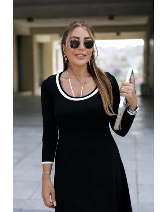 Kadın Uzun Kollu Derin Yuvarlak Yakalı Kısa Viskon Iki Iplik Elbise
