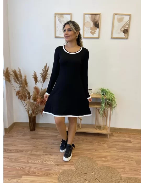 Kadın Uzun Kollu Derin Yuvarlak Yakalı Kısa Viskon Iki Iplik Elbise