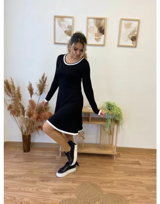 Kadın Uzun Kollu Derin Yuvarlak Yakalı Kısa Viskon Iki Iplik Elbise