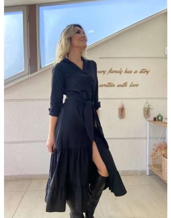 Kadın Uzun Kollu Eteği Fırfırlı Beli Kuşaklı Trikoton Tam Boy Gömlek Elbise
