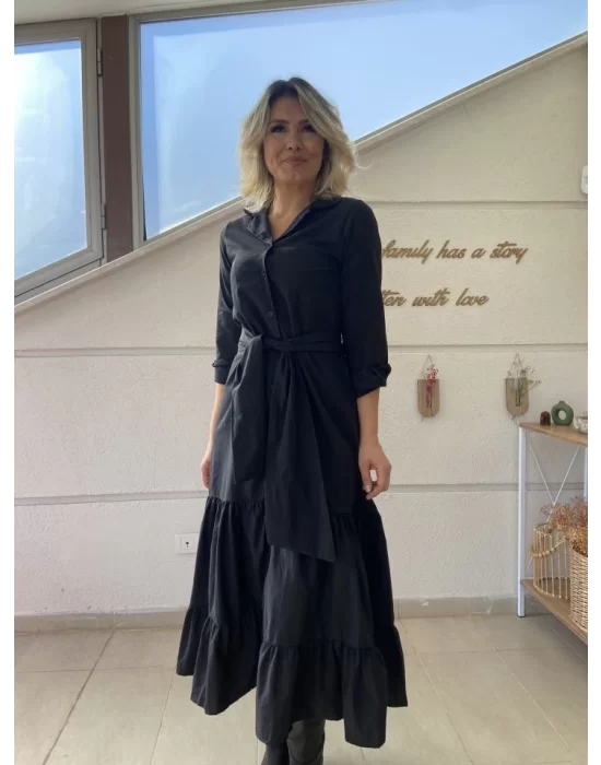 Kadın Uzun Kollu Eteği Fırfırlı Beli Kuşaklı Trikoton Tam Boy Gömlek Elbise