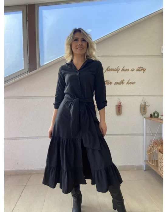 Kadın Uzun Kollu Eteği Fırfırlı Beli Kuşaklı Trikoton Tam Boy Gömlek Elbise