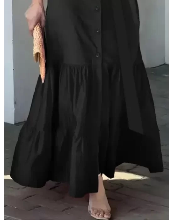 Kadın Uzun Kollu Eteği Fırfırlı Beli Kuşaklı Trikoton Tam Boy Gömlek Elbise