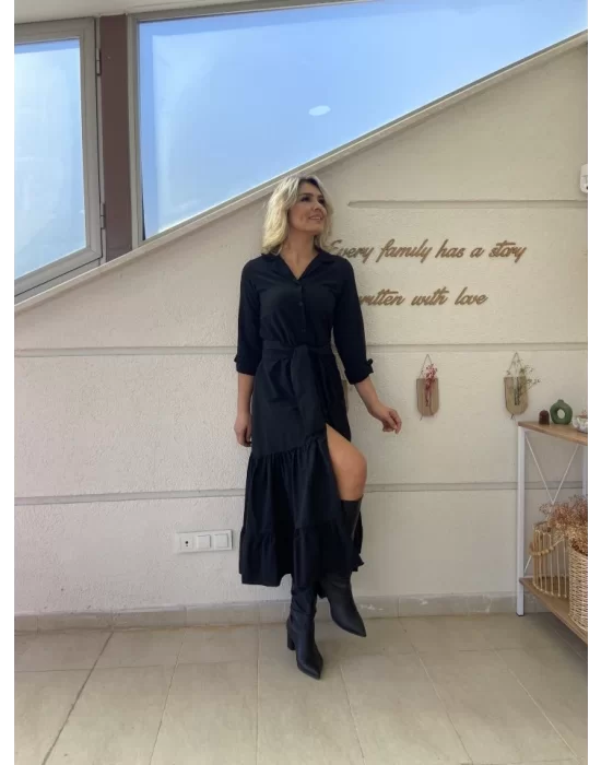 Kadın Uzun Kollu Eteği Fırfırlı Beli Kuşaklı Trikoton Tam Boy Gömlek Elbise