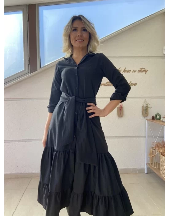 Kadın Uzun Kollu Eteği Fırfırlı Beli Kuşaklı Trikoton Tam Boy Gömlek Elbise