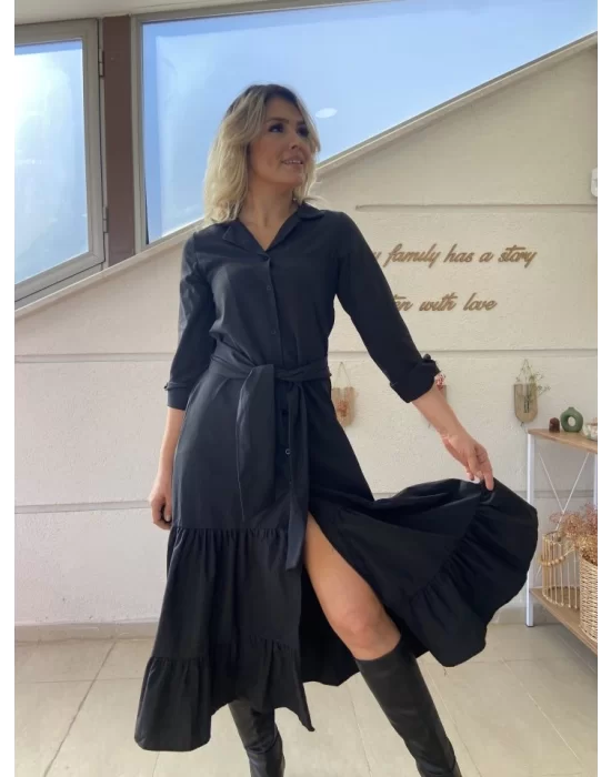 Kadın Uzun Kollu Eteği Fırfırlı Beli Kuşaklı Trikoton Tam Boy Gömlek Elbise
