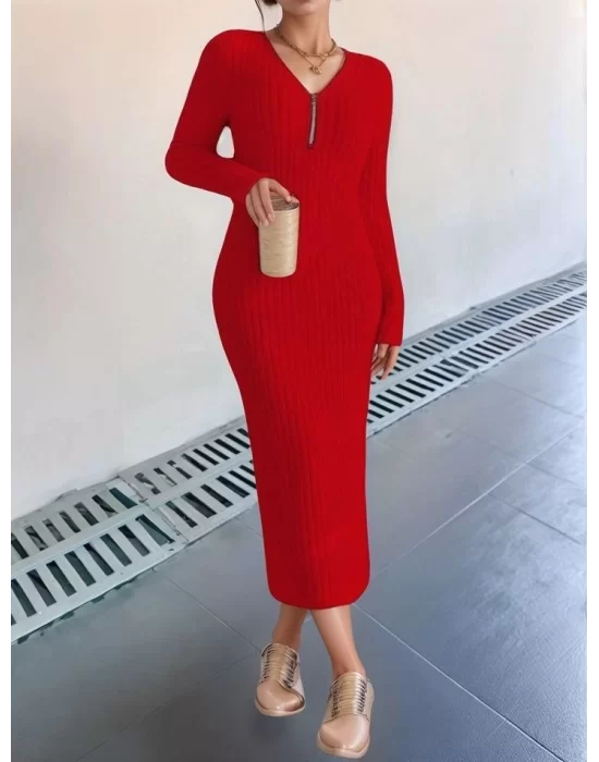 Kadın Uzun Kollu Fermuar Detay Fitilli Kaşkorse Kumaş Maxi Boy Elbise